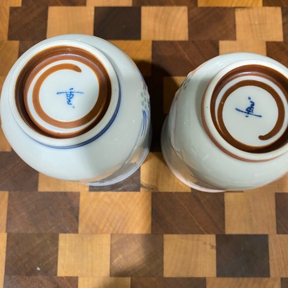 Japanese Arita Yunomi Cylindrical Handless Floral Blue /Pink Ceramic Tea Cup Set - Picture 10 of 10